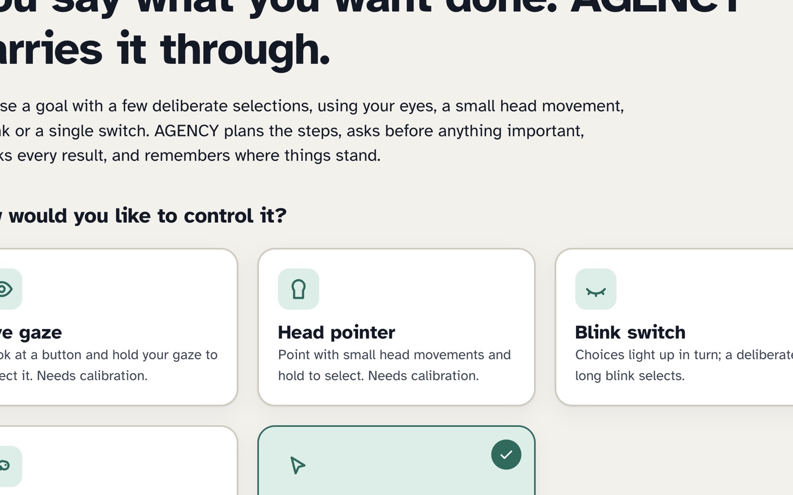 AGENCY setup screen asking how you'd like to control it: eye gaze, head pointer, blink switch, key switch, or mouse and keys.