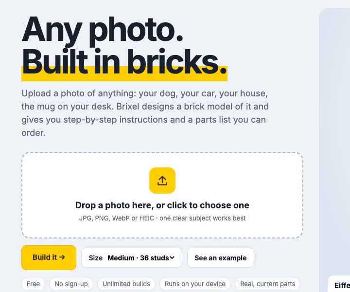Brixel landing page: upload a photo to get a brick model with instructions.