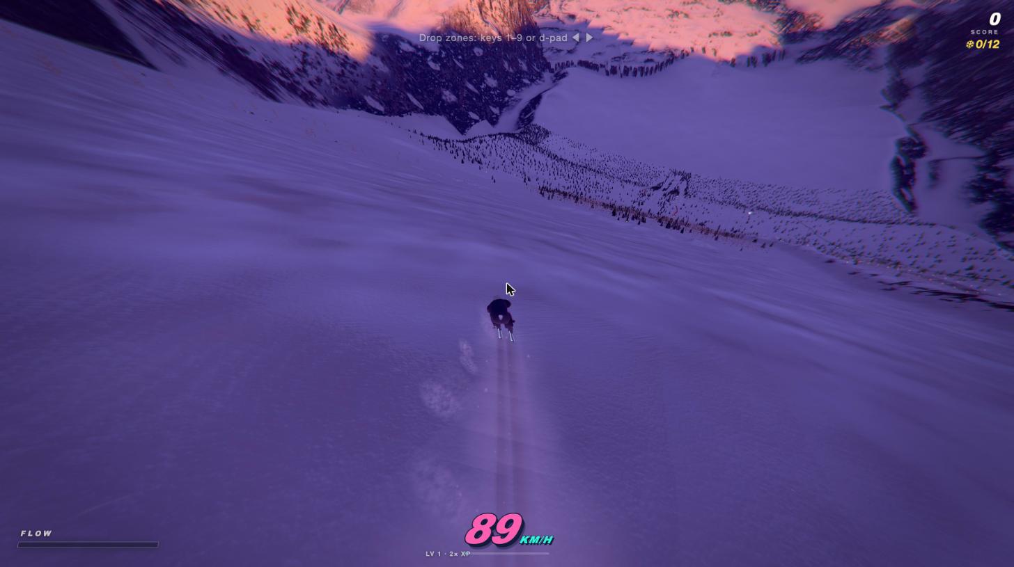 A skier carving down a wide powder bowl at dusk on the Kitsune Peak map, with alpenglow on the ridges.