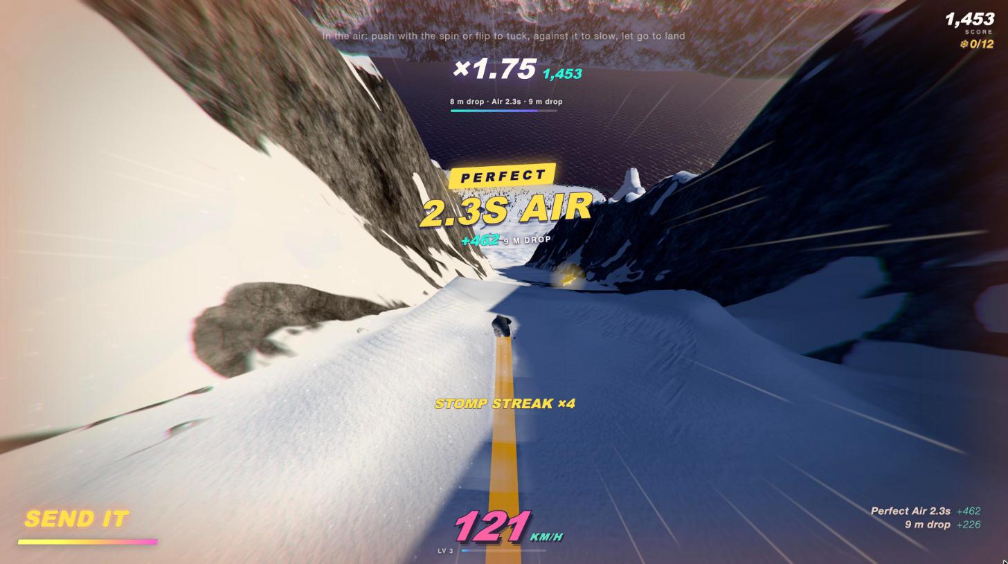 A skier dropping down a narrow chute toward a fjord at 121 km/h, with a 'Perfect 2.3s air' trick callout and score multiplier.